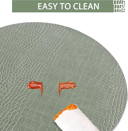 Jovono Round Leather Placemats for Round Tables Set of 6, Green Place Mats and Coasters, Wipeable Waterproof Heat Resistant Table Mats Easy to Care for Indoor Decor 14 inch Diameter