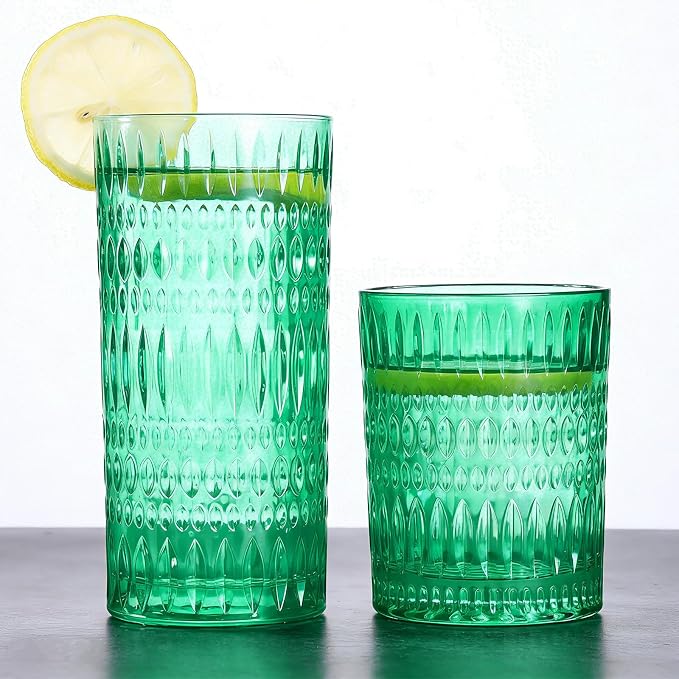 Loivttvv Glassware Drinking Glasses Set of 8, 14 oz Highball Glasses & 10 oz by Loivttvv