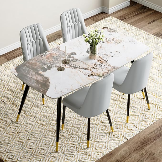 5 Piece Dining Table Set, 4 Chair Dining Table Set, Sintered Stone Kitchen Table Top and Modern Chairs Set of 4 for Kitchen Dining Room
