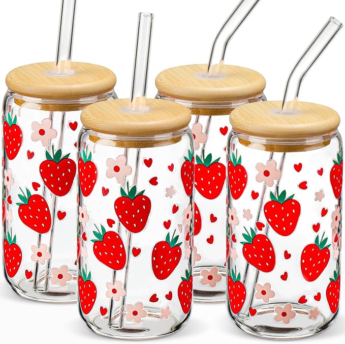 Glass Cups with Lids and Straws with Design Strawberry 4 pcs, Glass Tumbler by DWTSDANWEITESI