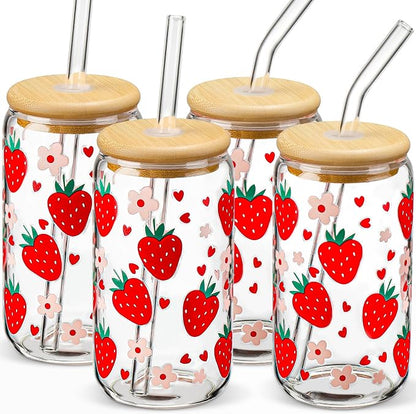 Glass Cups with Lids and Straws with Design Strawberry 4 pcs, Glass Tumbler by DWTSDANWEITESI