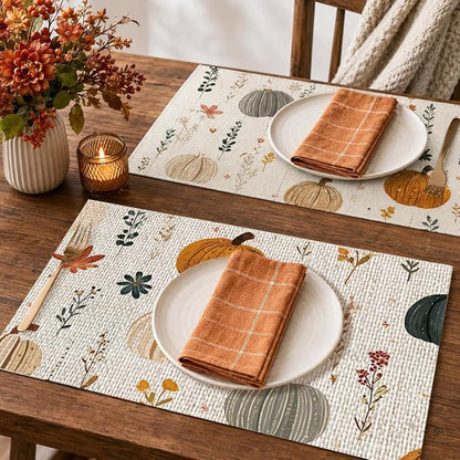Fall Placemats Set of 4, Pumpkin Maple Leaf Autumn Table Mats 12x18 Inch | - Image 3