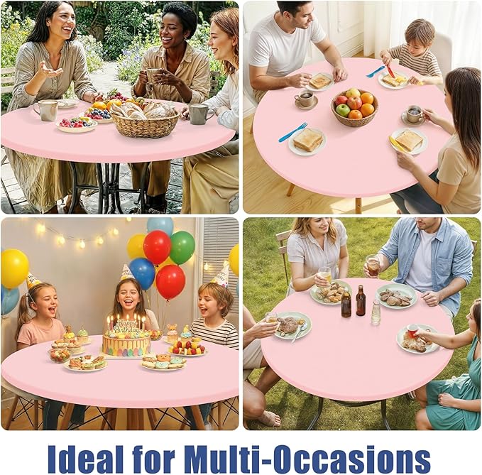 Round Spandex Tablecloth 2 Pack, Elastic Fitted Waterproof Tablecloths for 25"-30" Tables, Stretch Washable Picnic Table Cover for Camping, Dining, Indoor and Outdoor, Pink