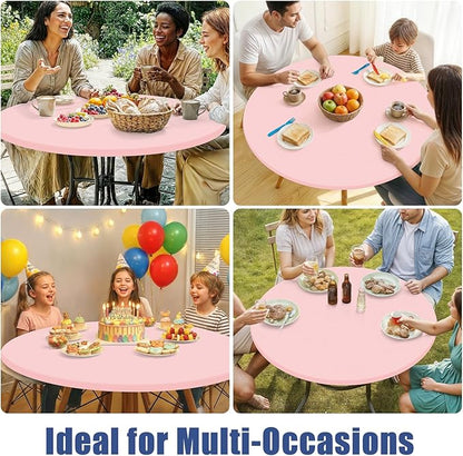 Round Spandex Tablecloth 2 Pack, Elastic Fitted Waterproof Tablecloths for 57"-68" Tables, Stretch Washable Picnic Table Cover for Camping, Dining, Indoor and Outdoor, Pink