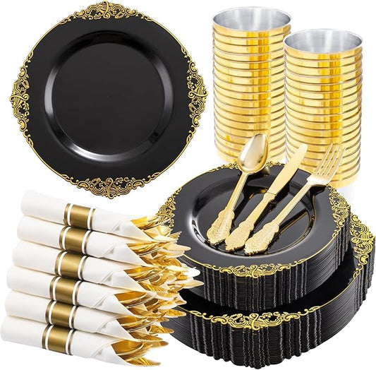 Hioasis 210pcs Black and gold Plates - Black Party Plates for 30 Guest, Include 60 Heavy-duty Plates(20% Thicker Than Standard), 30 Pre Rolled gold Plastic goldware Set, 30 Cups