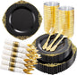 Hioasis 210pcs Black and gold Plates - Black Party Plates for 30 Guest, Include 60 Heavy-duty Plates(20% Thicker Than Standard), 30 Pre Rolled gold Plastic goldware Set, 30 Cups