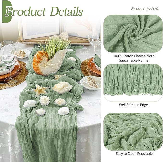3 Pack Sage Green Cheesecloth Table Runner 17x108 Inch Semi Sheer Boho Gauze - Image 5