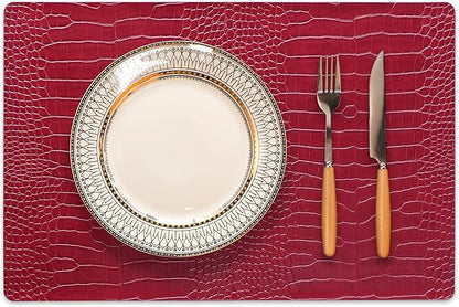 Jovono Faux Leather Placemats Set of 8, Waterproof Heat Resistant Dinner Place Mats for Dining Table, Non-Slip Crocodile Embossed, Red (17.8x11.8 Inch)