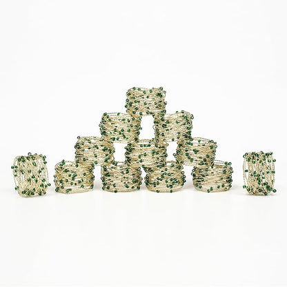 Gold Green Beaded Napkin Ring Set of 12 - Beautiful Fancy Elegant Decorative Napkin Holder for Christmas, Dinner Table Decoration, Farmhouse, Wedding, Party, Family Gathering, New Year & Everyday Use