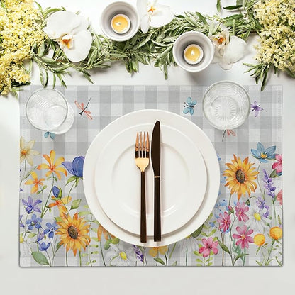 Giwawa Spring Floral Placemats, 12"x18" Summer Flowers Grey Checkered Linen Table Mats Set of 4, Watercolor Wildflower Butterfly Washable Heat Resistance for Seasonal Kitchen Dining Decor
