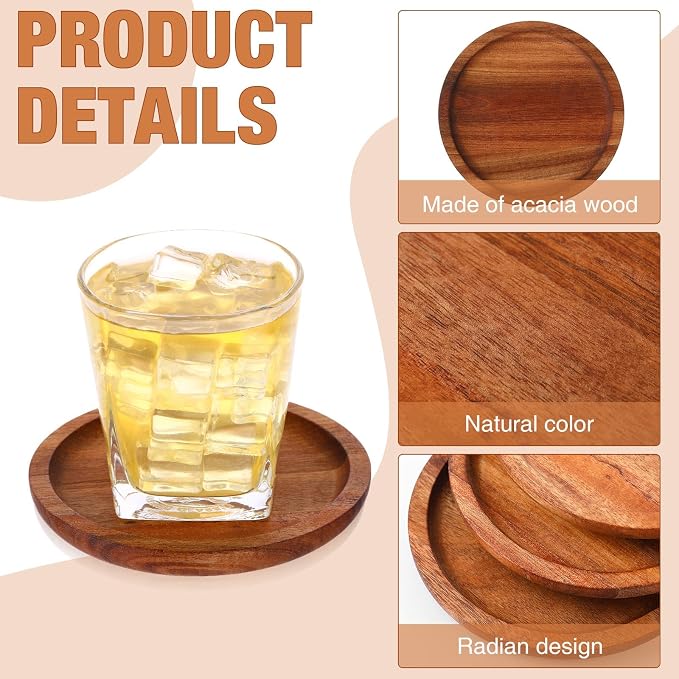 Gejoy 20 Pcs Wooden Coasters for Drinks 5 Inch Natural Stackable Acacia Wood - Image 3