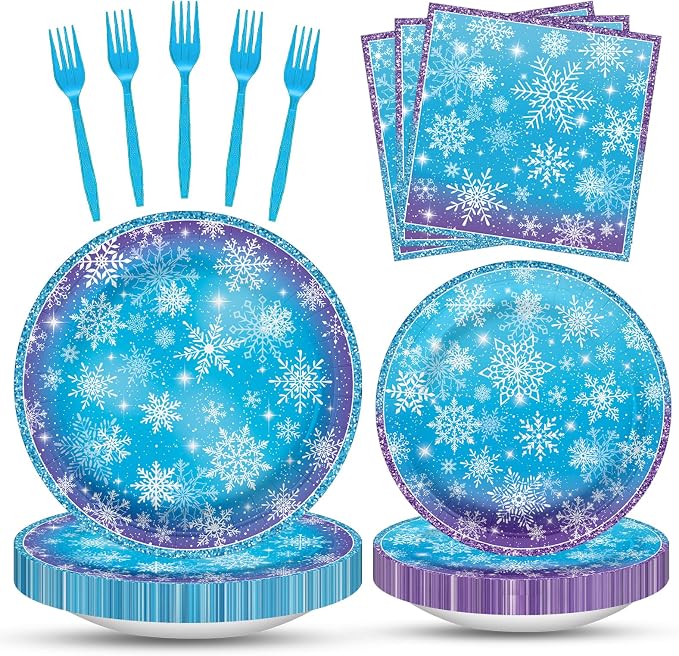 100 Pcs Snowflake Winterland Tableware Party Supplies Set, Serves 25 – by Merriva