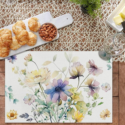 AOFOTO Floral Placemats Set of 4 Watercolor Blue Yellow Flower Green Leaves Printed Place Mats Rectangular Artistic Table Mats for Party Home Kitchen Restaurant Dining Table Decor 12x18 Inch