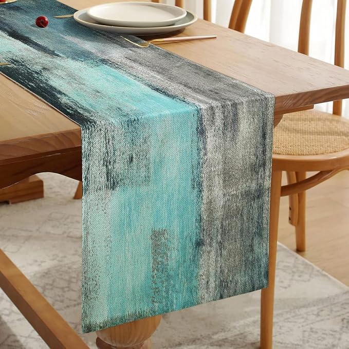 Teal and Grey Table Runner 13x72 Inch Modern Abstract Art Painting Kitchen - Image 2