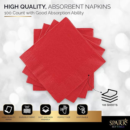 100 Pack Red Beverage Napkins, Big Party Pack, 2 Ply, Ideal for Wedding, Party, Birthday, Dinner, Lunch, Cocktails. (5” x 5”) by Amcrate