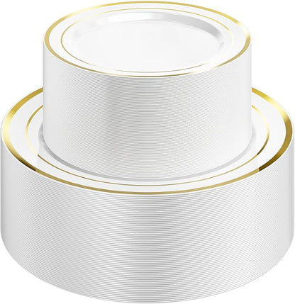 Quatish 120 Pcs Gold Rim Disposable Plastic Plates for Party,Wedding Plate Includes 60 Pes 10.25 Inch 60 Pes 7.5 Inch Heavy Duty Dinner & Dessert Plates, Perfect for Festivals,Picnics,in White
