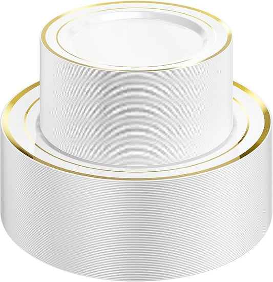 Quatish 120 Pcs Gold Rim Disposable Plastic Plates for Party,Wedding Plate Includes 60 Pes 10.25 Inch 60 Pes 7.5 Inch Heavy Duty Dinner & Dessert Plates, Perfect for Festivals,Picnics,in White