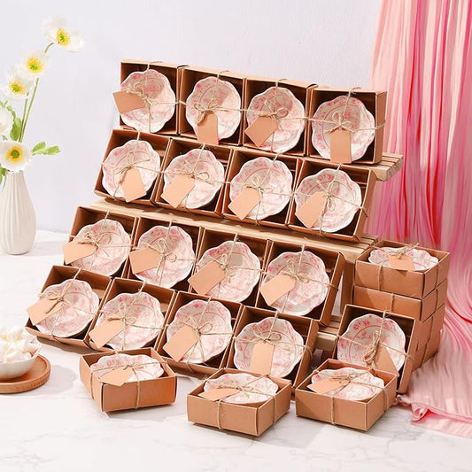 24 Pcs Wedding Favors for Guests Small Ceramic Bowl Bulk Gifts Set 3.3 Inch Floral Design Mini Dipping Sauce Dish with Card Box for Bridal Pooja Baby Shower Birthday Guest Gift (Pink)