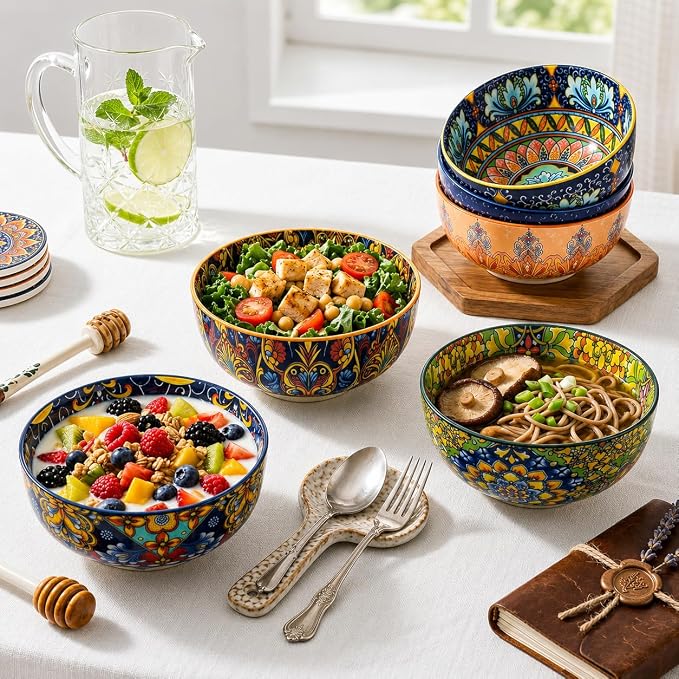 Cereal Bowls Set of 6, Bohemian Ceramic Soup Bowls, 28 oz Colorful Bowls Set - Image 2