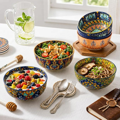 Cereal Bowls Set of 6, Bohemian Ceramic Soup Bowls, 28 oz Colorful Bowls Set - Image 2