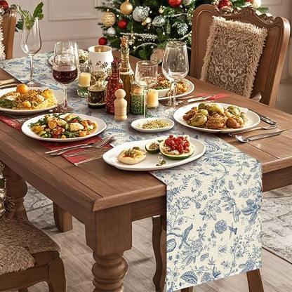 Blue Flower Burlap Table Runner Seasonal Spring Fall Kitchen Dining Linen Table - Image 3