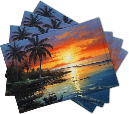 Beach Placemats Set of 4 - Palm Tree Place Mat 12x18 Inch Summer Sunset Placemats Sea Ocean Table Mat for Party Kitchen Dining Home Holiday Party Decor
