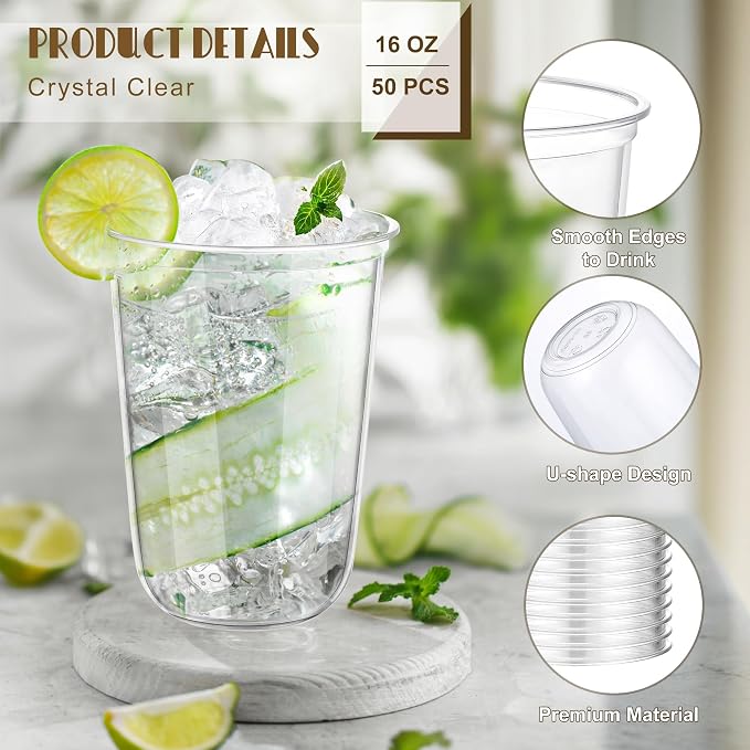 KesaPlan 50 Pcs 16oz Plastic Clear Cups, Disposable Wine Cocktail Glasses | - Image 2