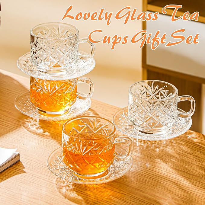 Atarvana 6 Pack Glass Tea Cups and Saucers Set - Image 6