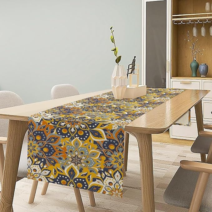 YCness Mandala Floral Table Runner, Retro Colorful Hippie Flowers Boho Table - Image 3