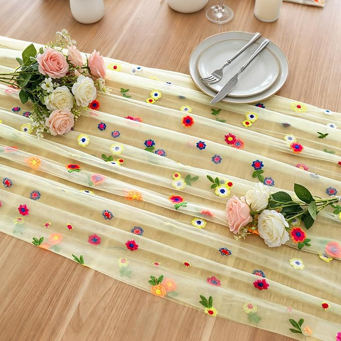 BINBE 3pcs Daisy Spring Table Runner Embroidery Gauze 10FT Florals Seasonal - Image 6