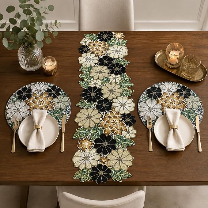 Beaded Table Runner Decore 36 inches Long Christmas Flower Design Beaded Table - Image 4