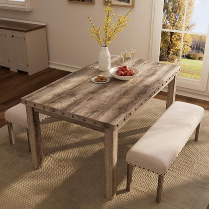 Morden Fort Farmhouse Rectangular Wooden Dining Table, Rustic 60" Kitchen & Dining Room Table with Woodgrain Tabletop, Rivet Accents & Solid Wood Legs
