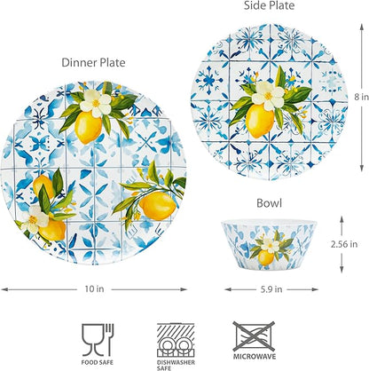 Bzyoo 12-Piece Melamine Dinnerware Set - Lemon Tiles | Lightweight, Durable, BPA-Free | Dishwasher Safe Dish Set for Indoor & Outdoor Use - Perfect for Camping, BBQs