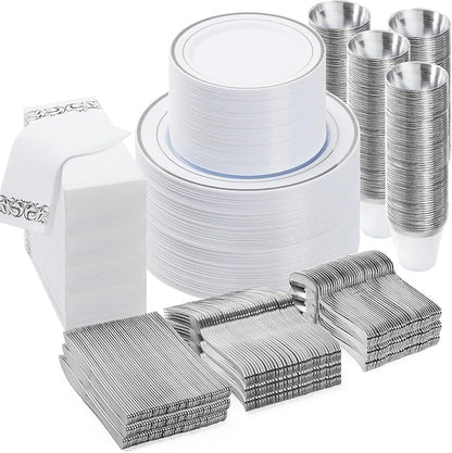 BESTVIP 700 PCS Silver Dinnerware Set for 100 Guests, Plastic Dinnerware Set for Party, Wedding, Christmas, Include: 200 Plastic Plates, 100 Silver Silverware, 100 Cups, 100 Paper Napkins