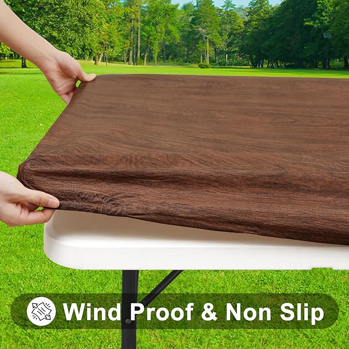 Smiry Rectangle Table Cloth Cover, Waterproof Elastic Fitted Picnic Tablecloth for 8 Foot Tables, Wipeable Flannel Backed Vinyl Tablecloths for Camping, Dining, Outdoor (Brown, 30" x 96")
