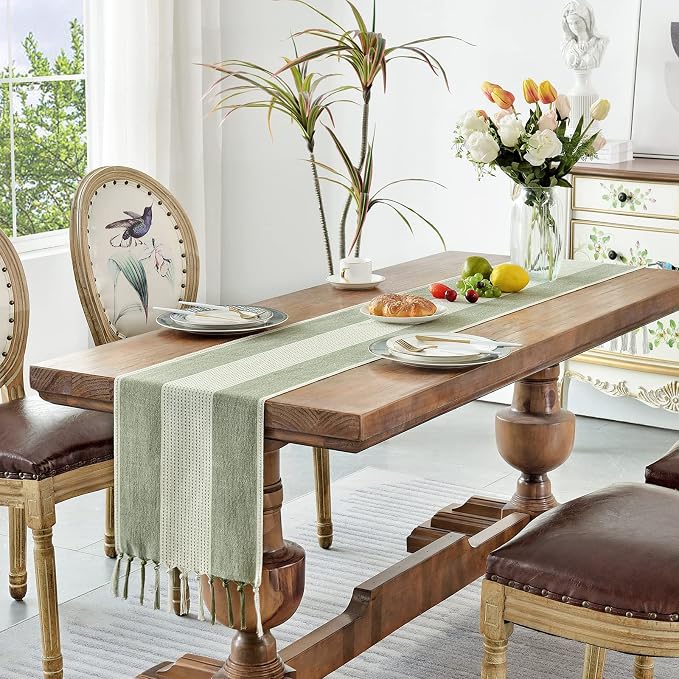 Wracra Linen Table Runner, Stripe Table Runners 72 Inches Sage Green | Delicate - Image 7