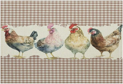Rustic Rooster Placemat Set, Vintage Boho Farmhouse Colorful Watertcolor Chicken Pink Plaid Pattern Home Decor Table Mats for Dining Room Kitchen Party (17x12in) x6P