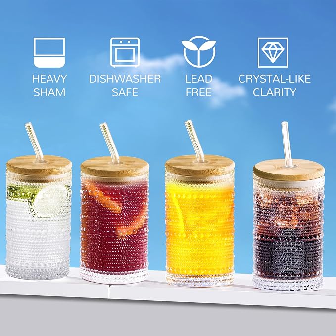 Hobnail Drinking Glasses with Bamboo Lids and Glass Straw 4Pcs Set - 14oz - Image 2