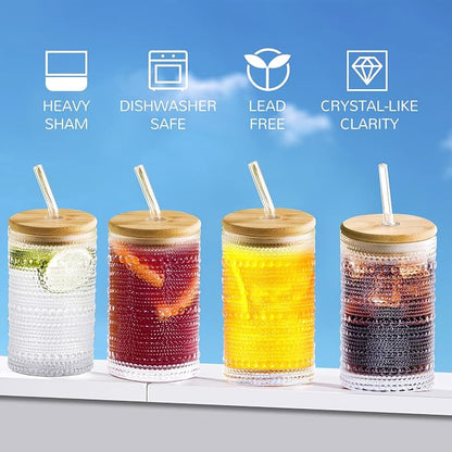 Hobnail Drinking Glasses with Bamboo Lids and Glass Straw 4Pcs Set - 14oz - Image 2