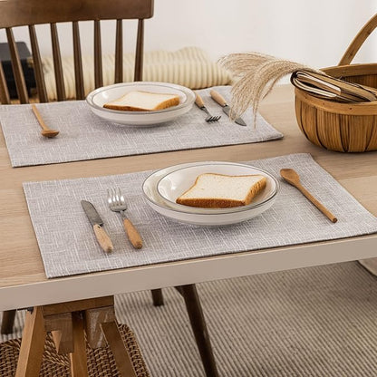 Kevin Textile Burlap Linen Placemats Set of 6 Heat Resistant Dining Table Place Mats Washable Kitchen Table Mats for Dinning Party Holiday Indoor Outdoor, 13 x19 inches, Grey White