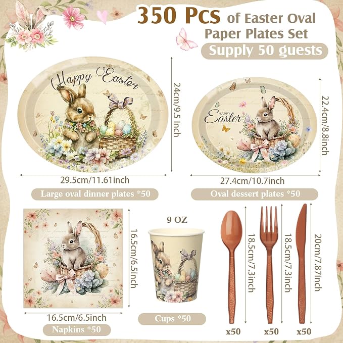 350 Pcs Easter Bunny Oval Paper Plates Set - Image 3