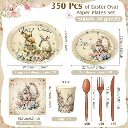 350 Pcs Easter Bunny Oval Paper Plates Set - Image 3