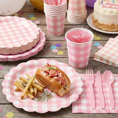 Yaomiao 168 Pcs Pink Gingham Plates and Napkins Pink Princess Party Decor - Image 4