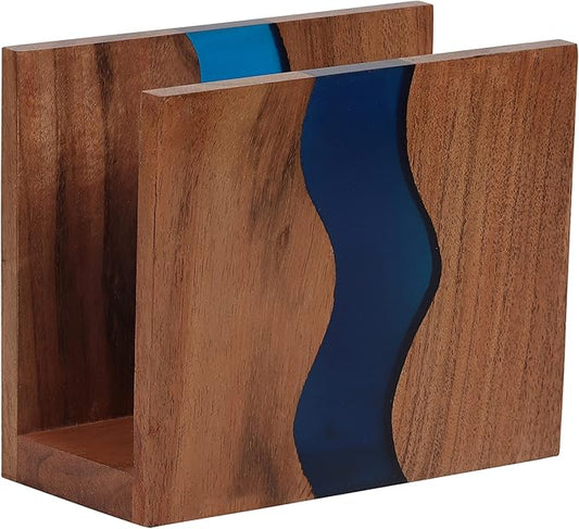 Acacia wood & Transparent Epoxy resin Napkin holder for table, Rustic farmhouse napkin organisation for kitchen, dining, counter tops, restaurant or outdoors | 6x5x2.5 inches| Blue