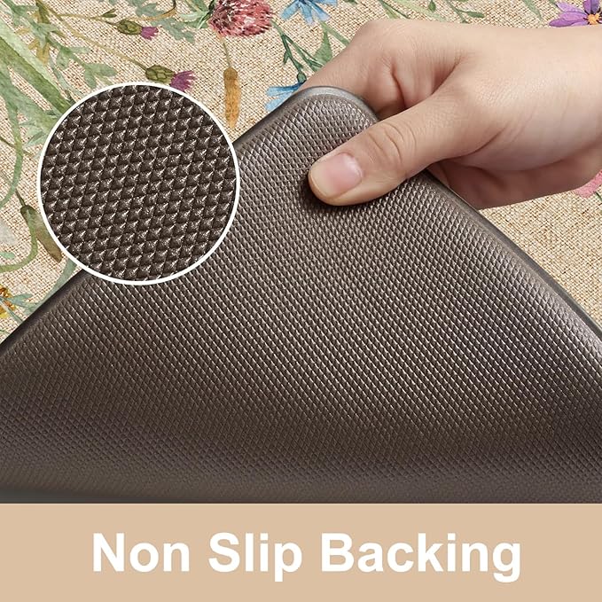 KIMODE Kitchen Mat Cushioned Anti Fatigue, Half Moon Floral Kitchen Rug, Comfort Padded Kitchen Floor Mat Non Slip, Ergonomic Standing Desk Mat for Sink Laundry Office Brown 18"x28"