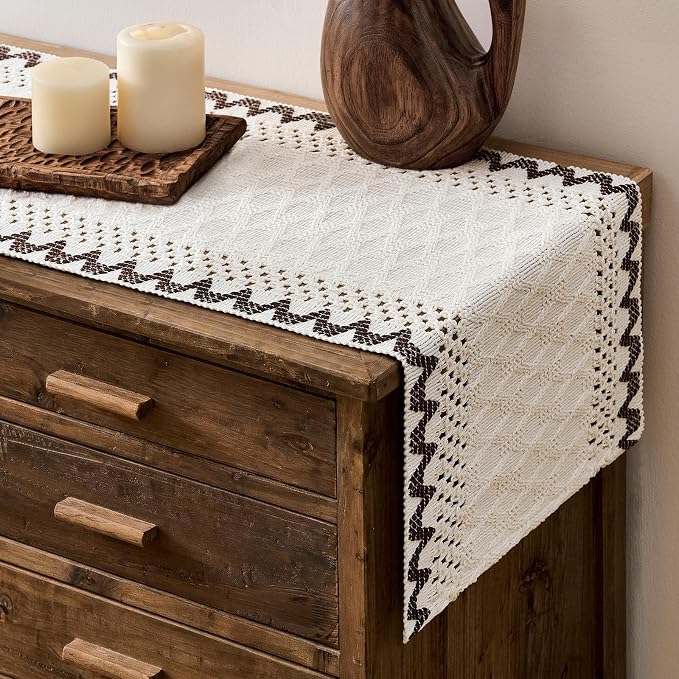 Macrame Side Trim Boho Woven Table Runner, Chocolate 12x90 Inch | Crochet by ZEEMARTONLINE