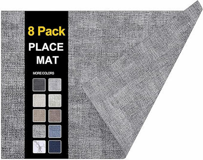 homing Faux Leather Heat Resistant Placemats 8 Packs, Waterproof Wipeable Dining PU Place Mats for Indoor & Outdoor, Easy to Clean, Smokey Grey