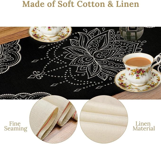 Lotus Flower Table Runner, Bohemian Ethnic Oriental Mandala Black White Floral - Image 6