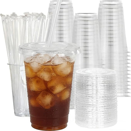 20 oz 100 Pack Disposable Clear Plastic Cups with Lids and Straws, Food Safe Bulk Iced Coffee Cups for Smoothies, Milkshakes and Other Cold Drinks