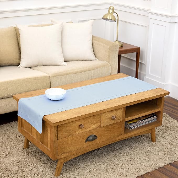 Solino Home 100% Pure Linen Table Runner Blue, Classic Hemstitch 14 x 48 in | by SolinoHome